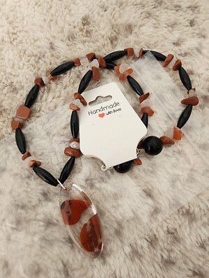Jasper And White Quartz Handcrafted Necklace With Resin Pendant Containg To...