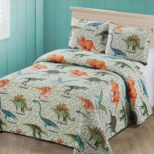 2 Pc Twin Size Quilt Bedspread Kids/Teens Boys Dinosaurs Army Green Blue Orange