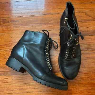 Karl Lagerfield Paris Bernice gold chain accented black ankle boots