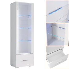 Vitrine Hochschrank Glasvitrine mit LED-Leuchten Schubladen Weiß Hochglanz 172cm