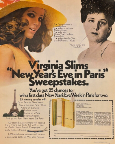 1970 Virginia Slims Cigarettes vintage print ad - New Year's Eve in Paris