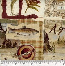 Fishing Lodge 45" Fabric 100 Cotton Digital Print Color Tan By The Yard