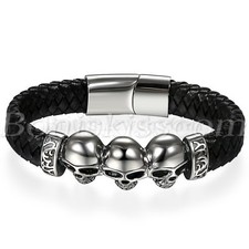 Men's Punk Black Braided Leather Magnetic Stainless Steel Skull Bracelet Cuff