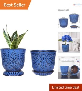 Beaded Ceramic Planter 6 Inch Set of 2 With Drainage Hole and Saucer Blue