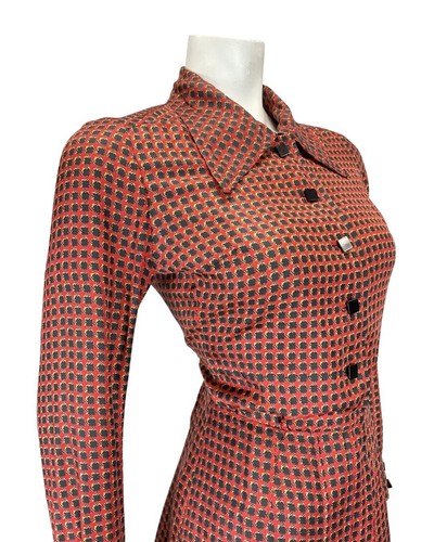 VINTAGE 70s RUBY RED BLUE CHECKED GEOMETRIC NINA RICCI DAGGER SHIRT DRESS 8 10 - Picture 5 of 9