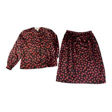 Carlisle 100 Silk Black Red Leaf Print Blouse and midi Skirt Matching Set Sz 10