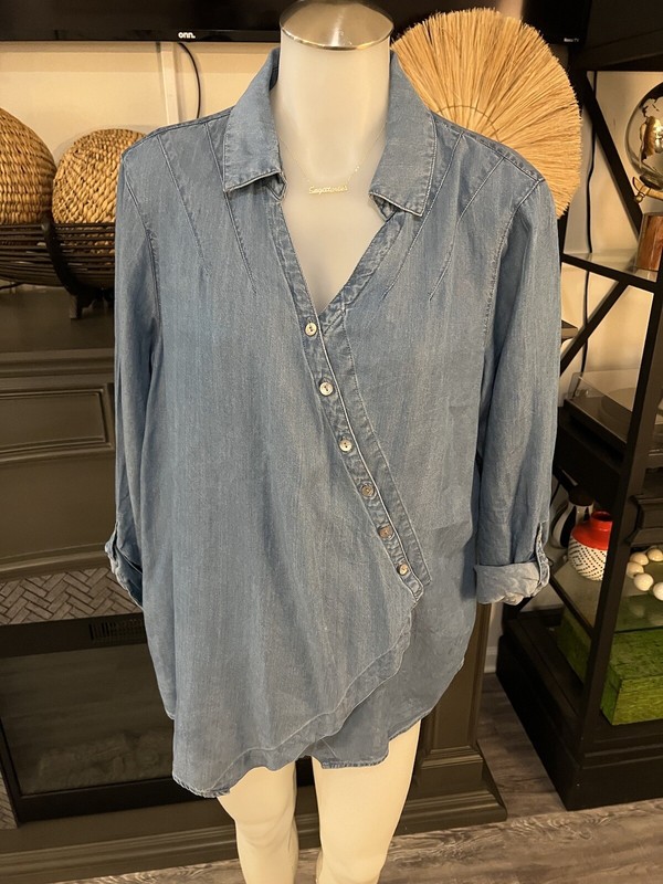 Ali Miles Button Up Wrap Denim Shirt Blouse C•1 Abstract Large