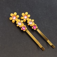 Michal Negrin Hair pin Yellow Enamel Flowers Pink Crystals Barrette Lot 2 Pair