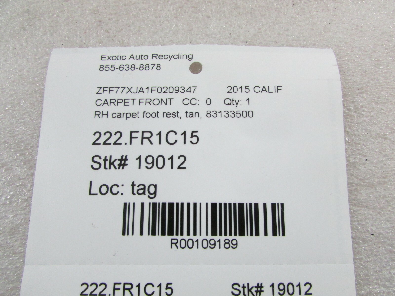 Ferrari California, RH, Right Foot Rest Access Panel, Tan, Used, P/N 83133500