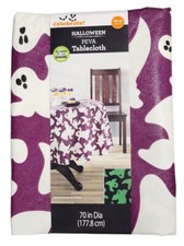 Halloween Ghosts Vinyl Tablecloth 70 in. round Purple White Glow in the Dark NEW