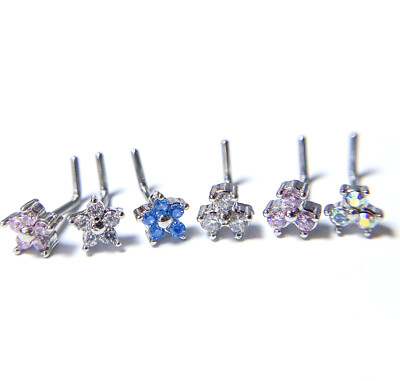 6pcs Triangle & Flower CZ Gem L-Bend Nose Stud Rings Screws 20g Box Value Pack