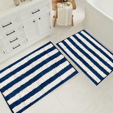 Large 2 Piece Set Blue White Stripe Cozy Plush Chenille Bath Mat Bathroom Rug