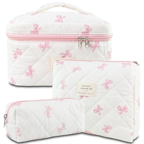 Makeup Bag, 3 PCS Quilted Makeup Bag, Cute Floral Cotton Cosmetic Bag Bow2-Pink - Picture 2 of 8