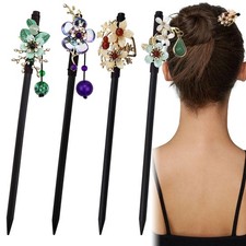 4 PACK Japanese Chinese Wooden Hair Stick, Hairpin with 4 Different Flower St...