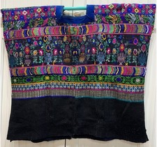 Vintage Guatemalan Mexican Mayan Huipil Ethnic Textile Black Heavy Colorful