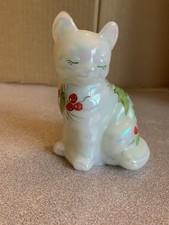 vintage signed Fenton opalescent glass painted cat figurine Holly Berries