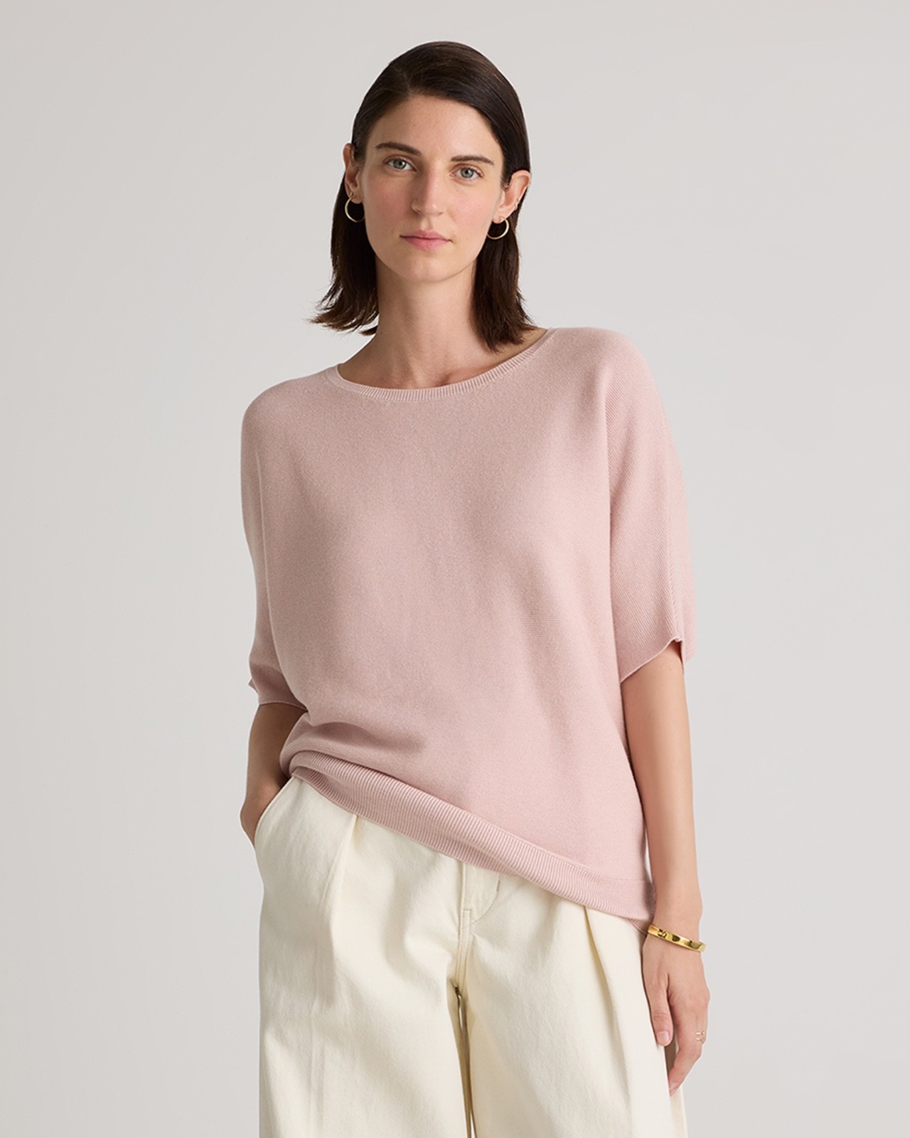 Quince Lightweight Cotton Cashmere Link-Stitch Dolman Sweater Size Medium Pink