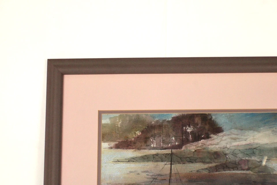 Paisaje marino de mediados de siglo antiguos veleros acuarela abstracta pintura firmada ilegible Foto 4 de 4