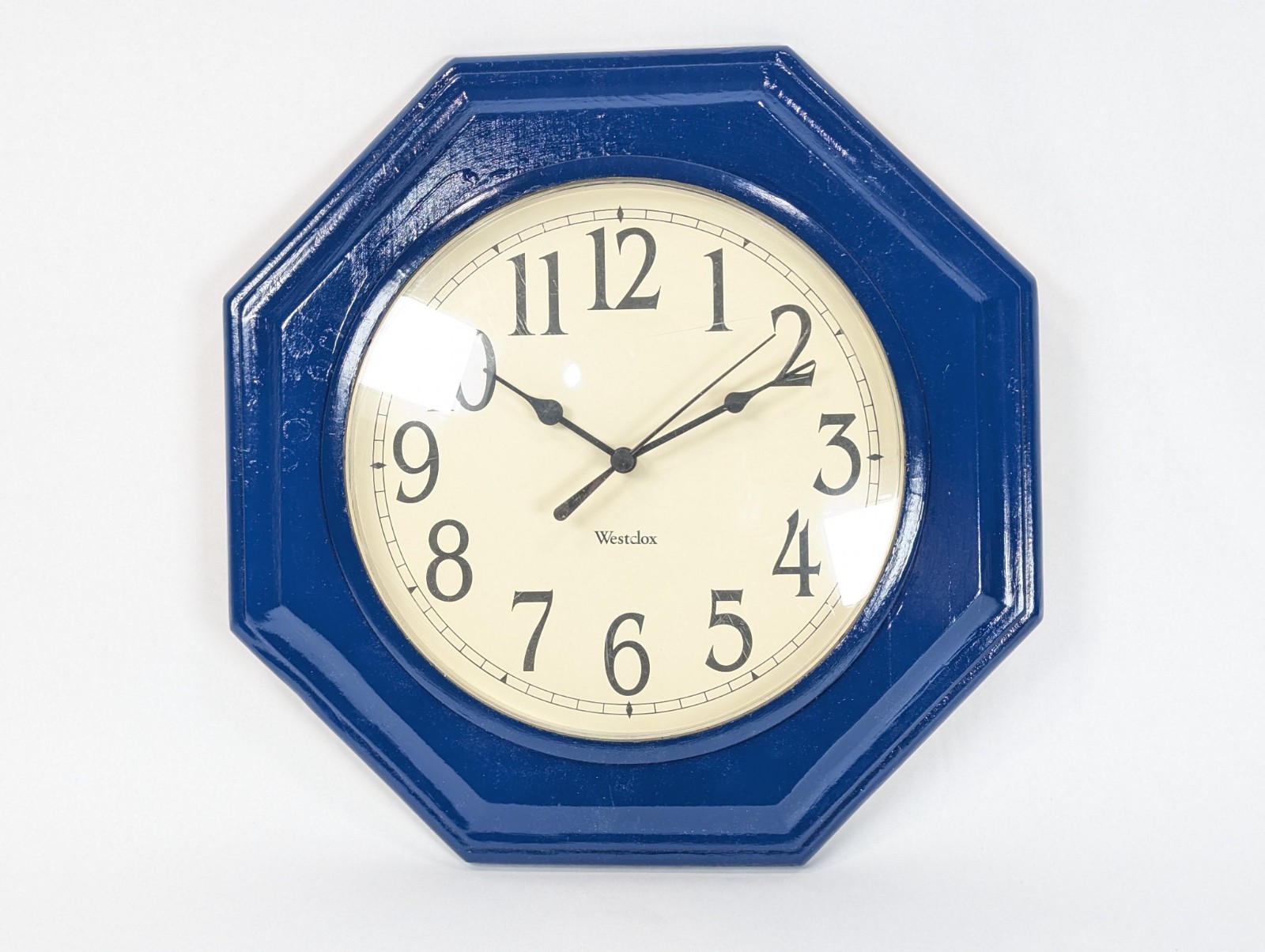Vintage Westclox Wall Clock Octagonal Blue Frame Cream Face Quartz Movement 12in