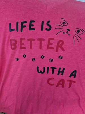 Womens T Shirt V Neck Size M LIFE IS BETTER WITH A CAT Hot Pink By Lilicloth