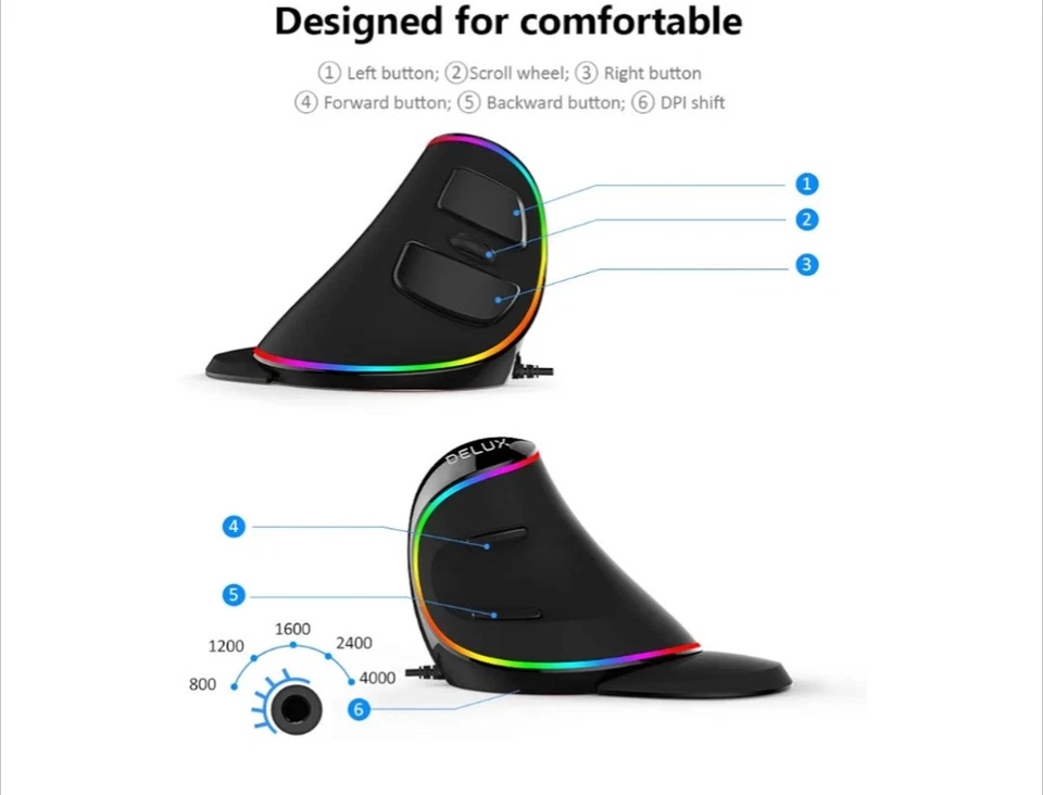 DeLUX Wired Ergonomic Mouse, Large Vertical Mouse, RGB Backlit, 12800 DPI - Image 2 of 4