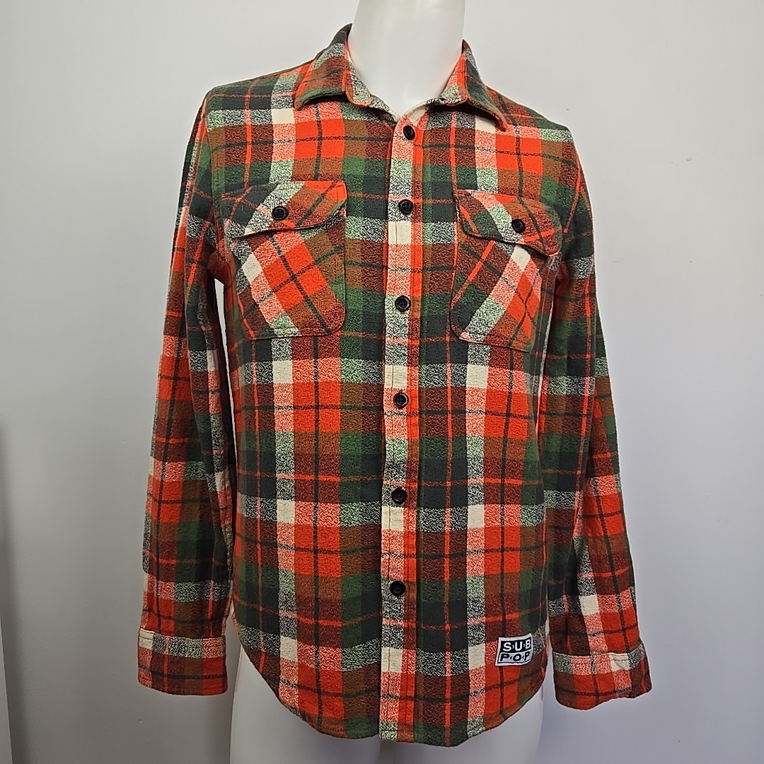 SUB POP Records Camano Flannel Shirt Orange Autumn Plaid Men's S Woven Cotton