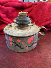 Antique Victorian Painted Red Flowers Tin or Toleware Finger Oil Lamp