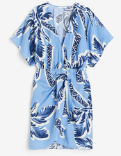 H&M Blue Tropical Palm Print V Neck Mini Wrap Dress Med Resort Beach Boho Chic