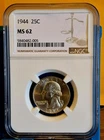 1944 25C WASHINGTON SILVER QUARTER NGC MS62