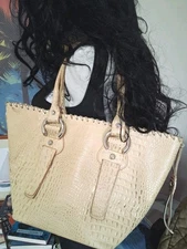 FRANCESCO BIASIA*RARE*Croc Embossed Yellow/Biege 100% Leather Satchel TOTE BAG 