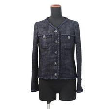 CHANEL Lion Button Collarless Jacket Size 34 Tweed Navy P72421