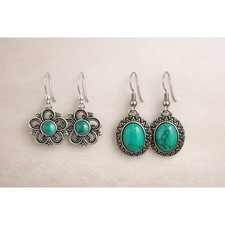 Fine Silver Plated Turquoise Earrings Set Floral Oval Designs Boho NEW