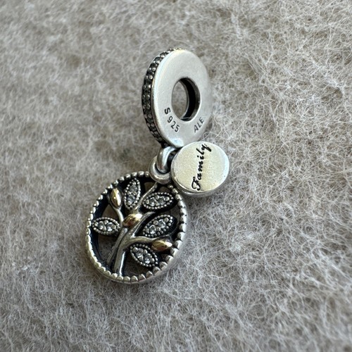 Pandora Two Tone Family Tree Heritage CZ Dangle Charm Jewelry Sterling 14k Gold - Picture 5 of 8