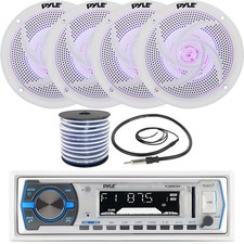 Pyle PLMRB29W Boat Receiver, 4 x 5.25'' Blue LED Speakers w/ Wire, Radio Antenna