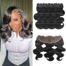 Body Wave Human Hair Bundles with Frontal (12 12 14 14+12Frontal) 12A Human H...