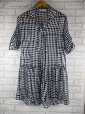 Zara Basic womens shirt dress XS blue white checkered print 3/4 sleeve v-neck 