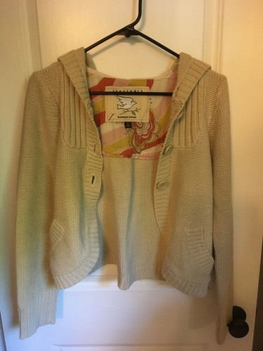 SANCTUARY TAN HOMESPUN SWEATER SMALL COTTON ACRYLIC LONG SLEEVE BUTTON UP HOODIE - Picture 3 of 5