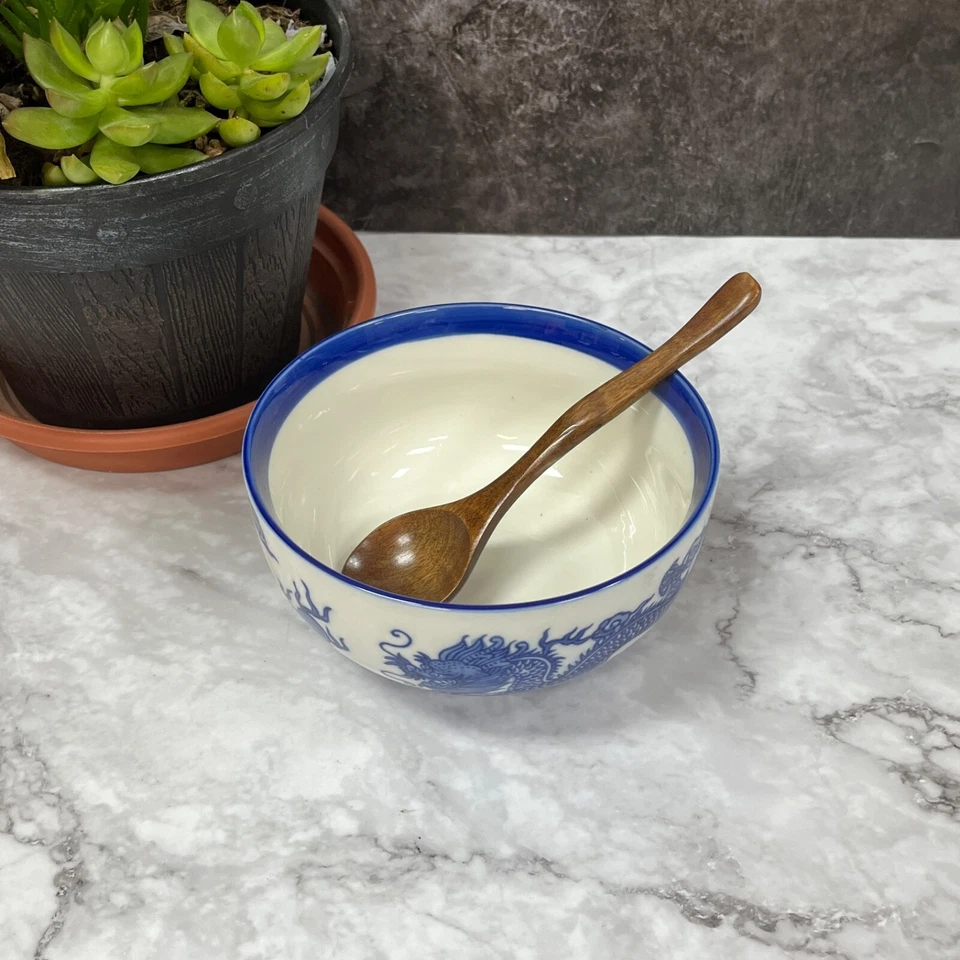 6 1/4" de ancho Blue Dragon Beige Ramen Fideos Sopa Tazón Set de regalo Tazón con cuchara Foto 2 de 4