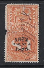 Peru 1872-73 Lima 1 Sol Revenue Used / Pulled Left Perf - S29126