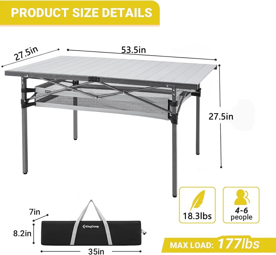 KingCamp Camping Table Aluminum Black/Siver_53.5"×27.5" With Storage Layer - Image 2 of 4
