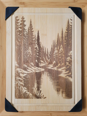 Wood Burned River Forest Scene 9.5 x 13 inch Cutting Board with Protected Corner