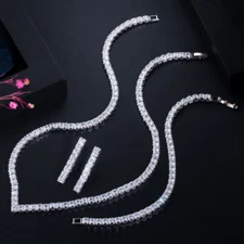 Gorgeous Silver Plated CZ Bridal Square Necklace Earrings Bracelet Jewelry Set