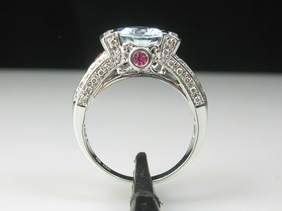 Anillo de boda único de diamantes y turmalina rosa aguamarina de 2 quilates de oro blanco de 14 quilates Foto 4 de 4