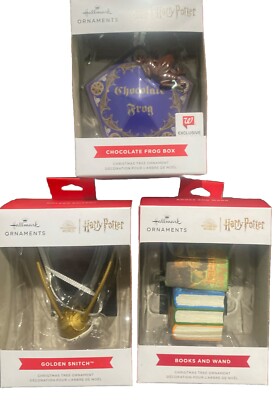 3 Hallmark Harry Potter Chocolate Frog Box books wand, golden snitch ornaments