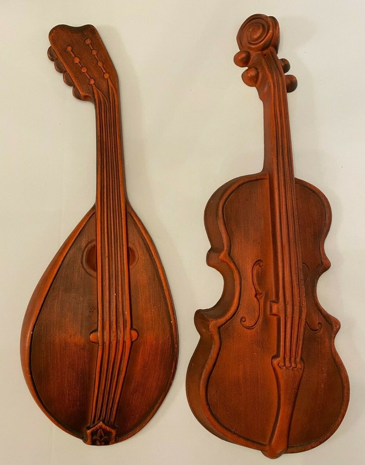 Vintage Royal Cast Metal Mid-Century Modern Red Violin Mandolin Wall Art Plaques