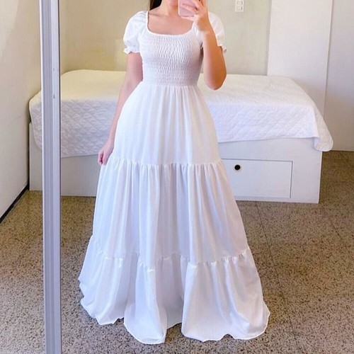Damen Rüsche lang Maxikleid kurzärmlig Abend Abschlussball Cocktail Party Ballkleid - Bild 22 von 26