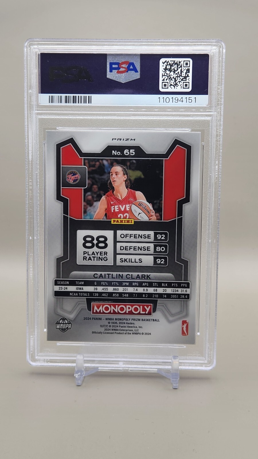 Caitlin Clark Rookie Red Classic Icon SP #65 - 2024 Prizm Monopoly PSA 10 Fever view 2