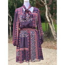 Vince Camuto Size 6 Navy Patchwork Paisley Chiffon Tie Neck Dress Boho