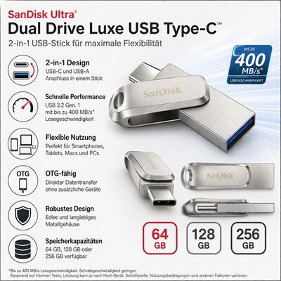 SanDisk Ultra Dual Drive Luxe USB-Stick Type-C/A USB 3.2 Gen.1 400 MB/s Metall