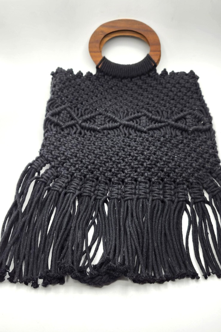 Danielle Nicole Black Macrame Crochet Fringe Cros… - image 2